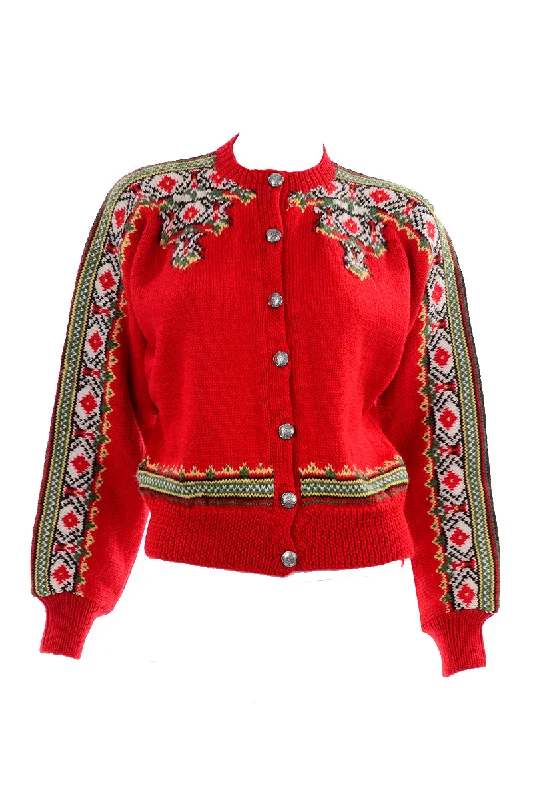 1960s Scandinavian Red Wool Cardigan Sweater Size Medium