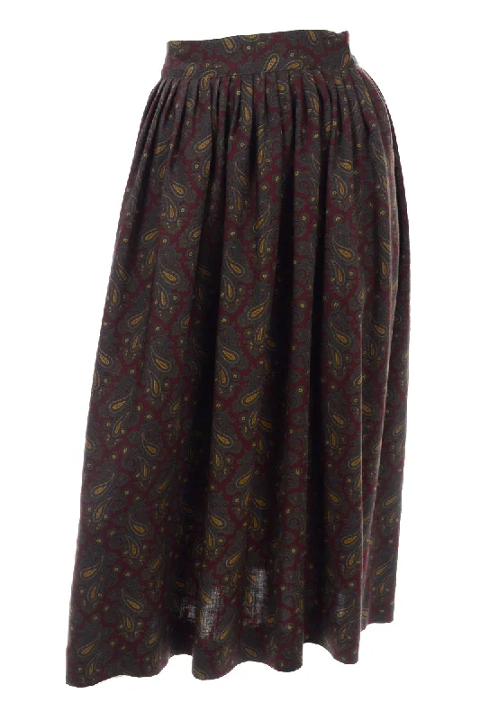 1980s Calvin Klein Burgundy Western Paisley Midi Skirt