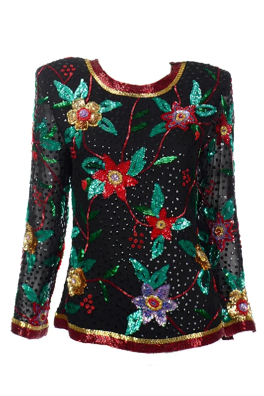 1990s Oleg Cassini Beaded and Sequins Floral Holiday Top