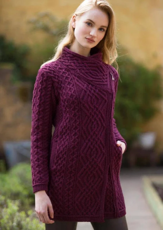 Aran Crafts Cable Knit Side Zip Coat | Wine