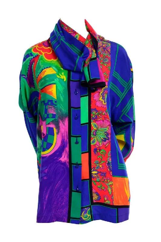 1980s Early 1990s Versace Abstract Pattern Silk Print Blouse & Attached Scarf