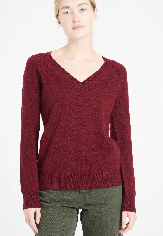 LILLY 6 Pull col V en cachemire ample rouge bordeaux