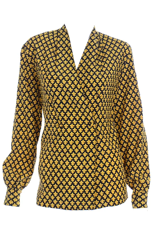 Salvatore Ferragamo Vintage Silk Yellow Fleur de Lis Print Blouse