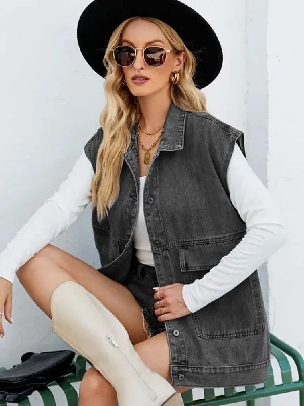 2024 Autumn Denim Vest Women Jean Vest Sleeveless Jacket Women Black Long Waistcoat Coat