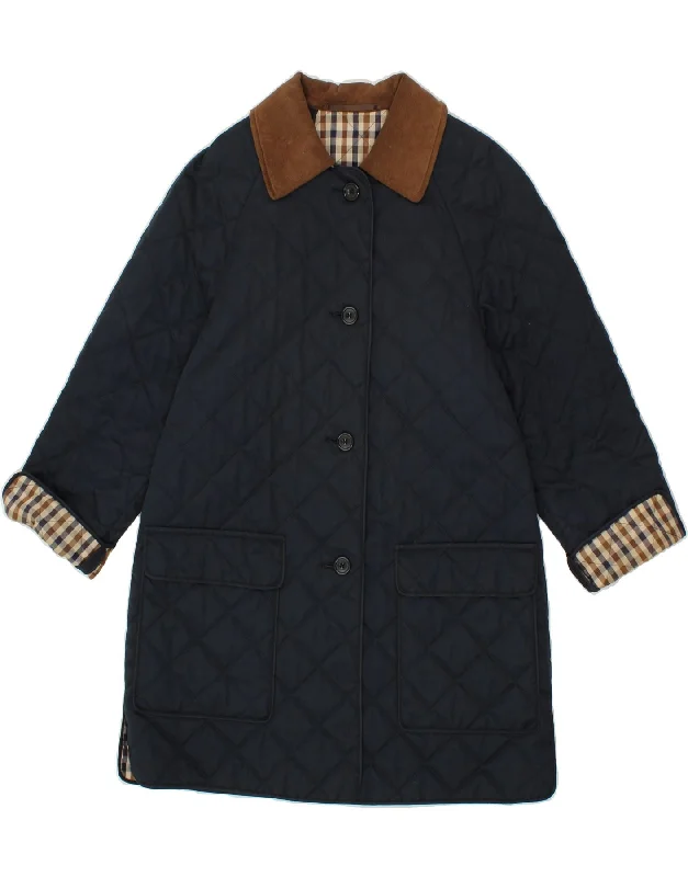 AQUASCUTUM Womens Quilted Overcoat UK 14 Medium Navy Blue Argyle/Diamond