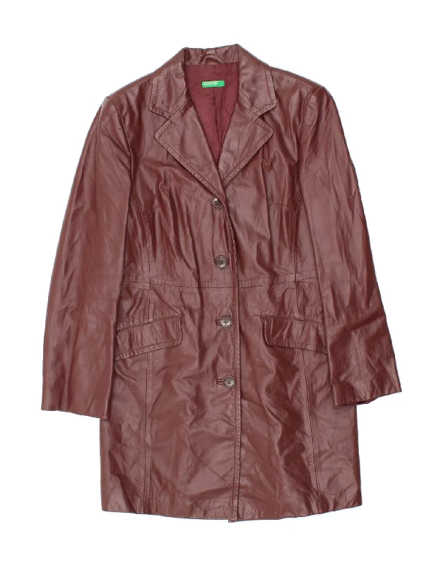 BENETTON Womens Leather Coat UK 8 Small Burgundy