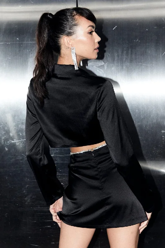 Black Crop Blazer Wrap Diamante Jewel Tie Satin