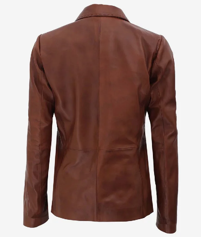 Brown Womens Leather Blazer Jacket  Casual Style