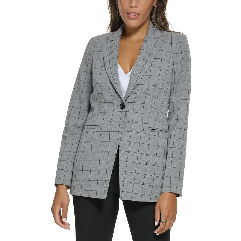 Calvin Klein Womens Petites Woven Window Pane One-Button Blazer