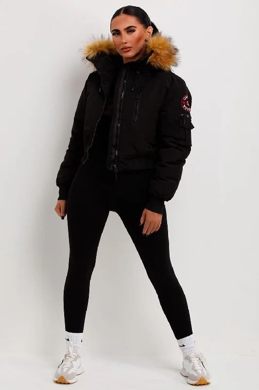 Canada Crop Bomber Jacket With Fur Hood Black