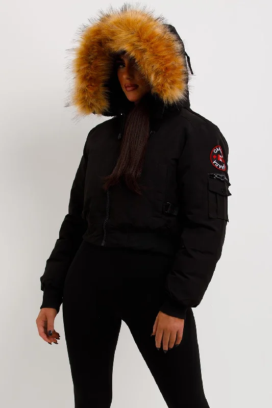 Canada Crop Bomber Jacket With Fur Hood Black