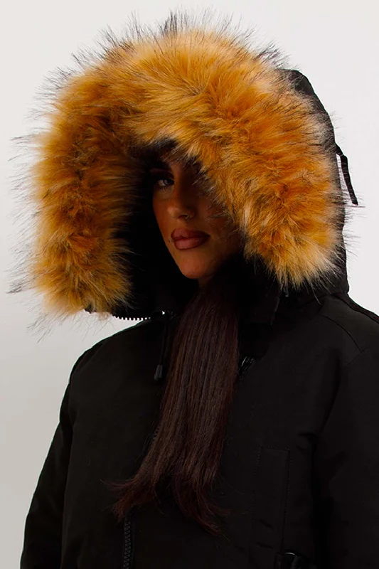 Canada Crop Bomber Jacket With Fur Hood Black