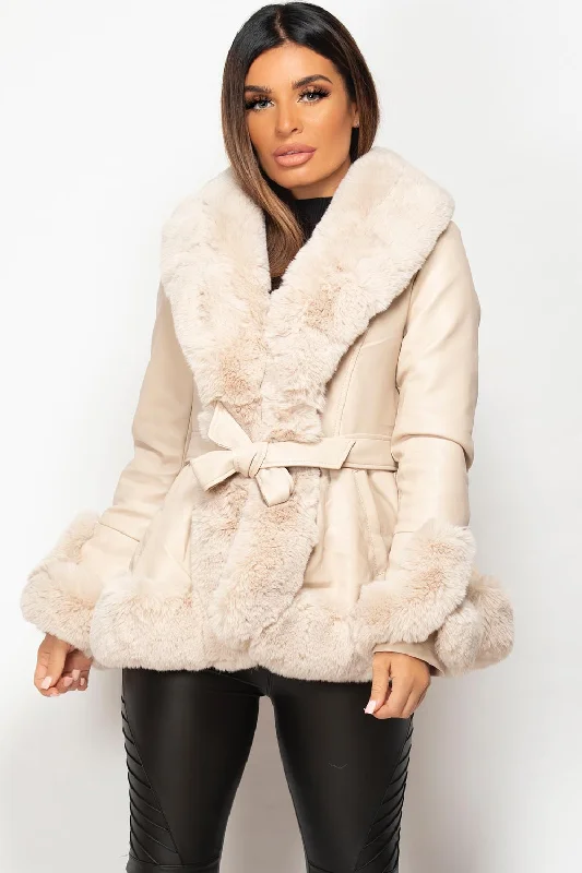 Cream Faux Leather Faux Fur Belted Jacket