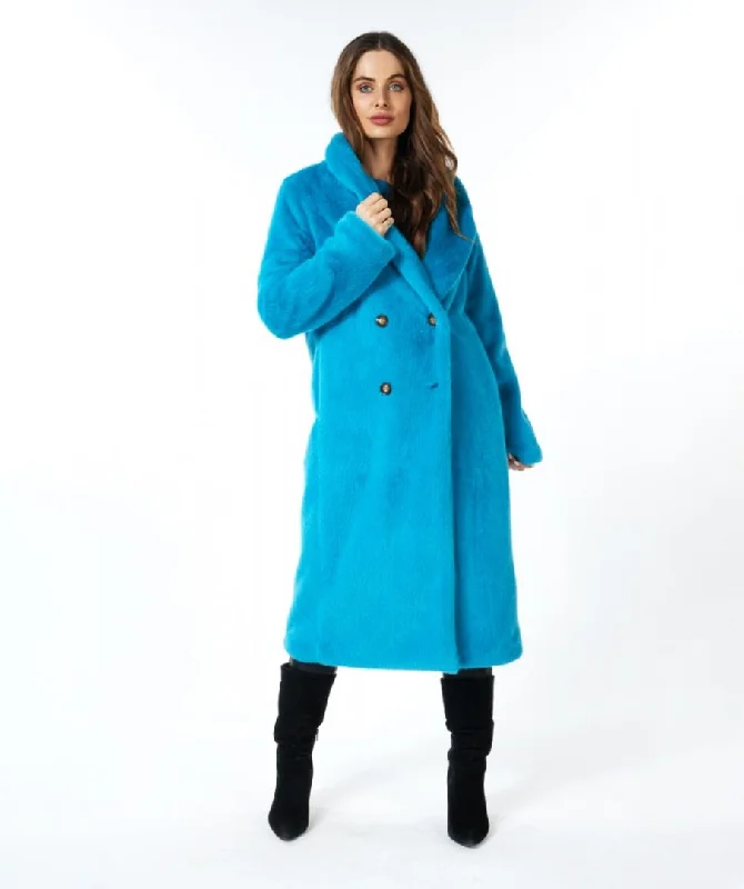 Esqualo Petrol Blue Faux Fur Shawl Collar Coat