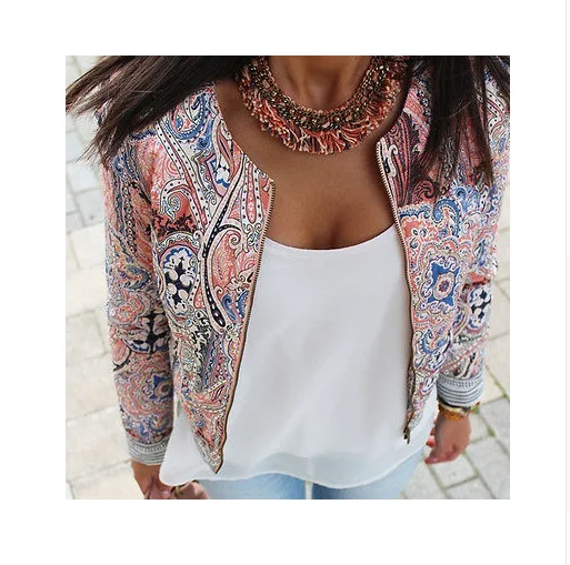 Fashion Women Floral Zipper Summer Casual Suit Short Jacket Coat Outwear