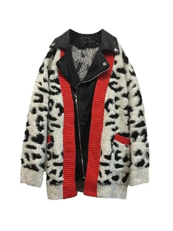 PU leather lapel leopard sweater coat