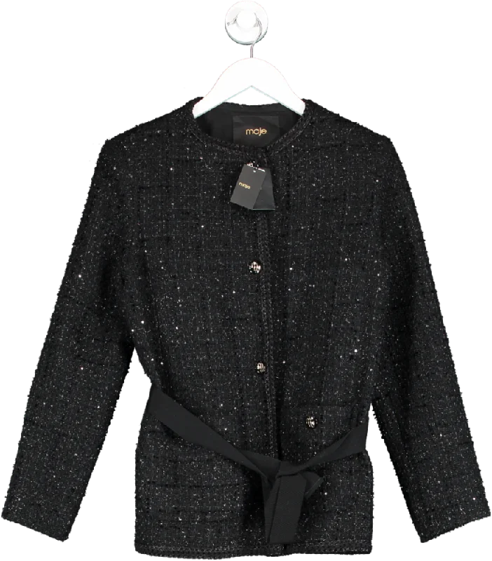 Maje Black Belted Tweed Jacket UK 10