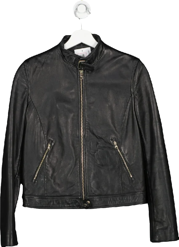 Massimo Dutti Black Leather Biker Jacket UK M