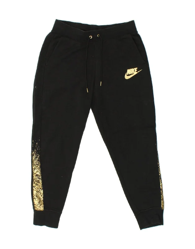 NIKE Womens Graphic Tracksuit Trousers Joggers UK 14 Medium Black Cotton