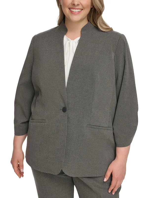 Plus Womens Pinstripe Office One-Button Blazer