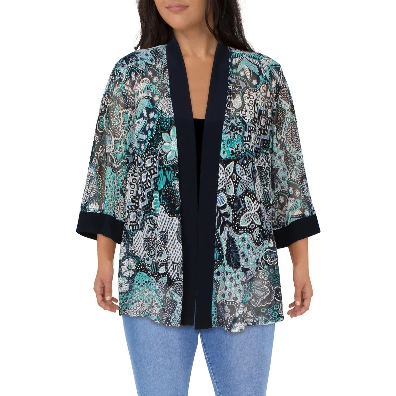 R&M Richards Womens Plus Printed Collarless Open-Front Blazer