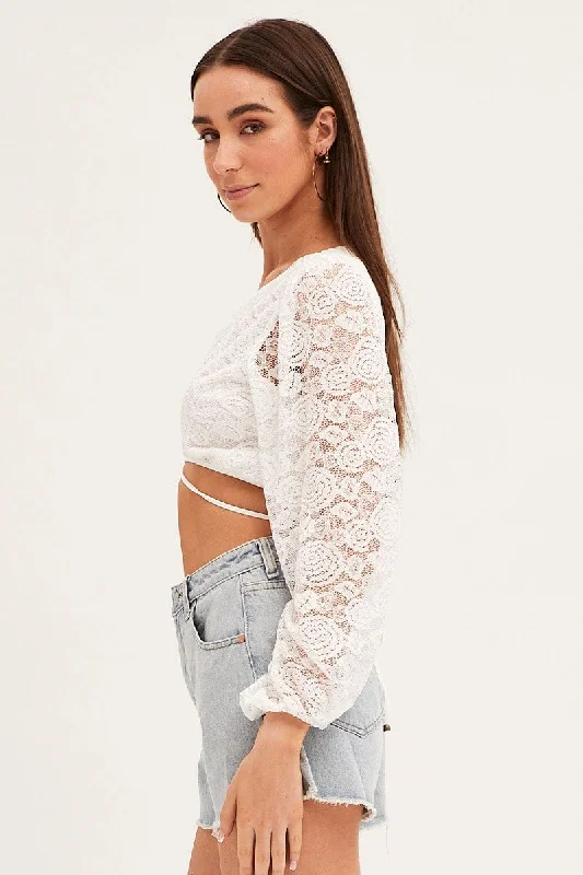 White Bolero Long Sleeve Tie Front V Neck Lace