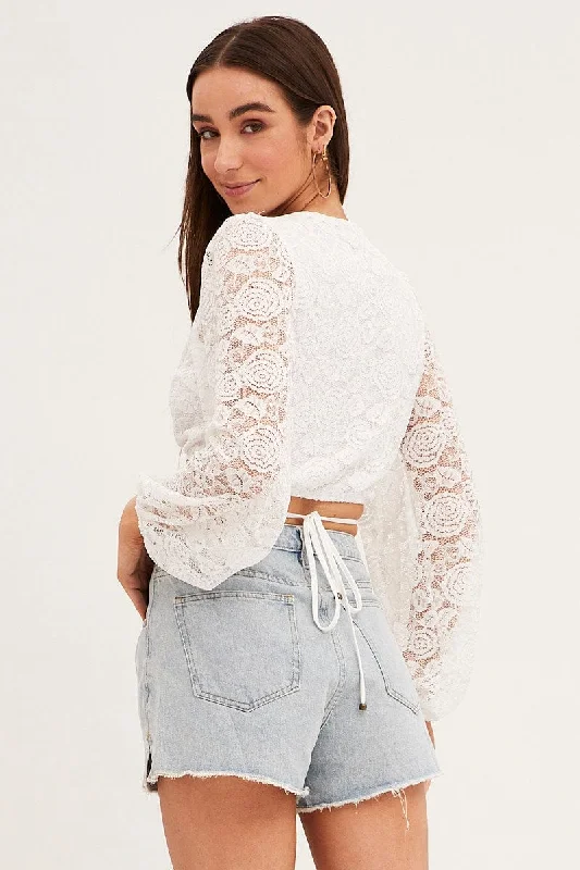 White Bolero Long Sleeve Tie Front V Neck Lace