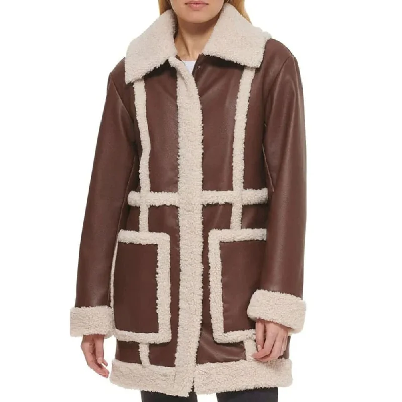 Women Brown RAF Aviator Flight Shearling Long Sherpa Coat