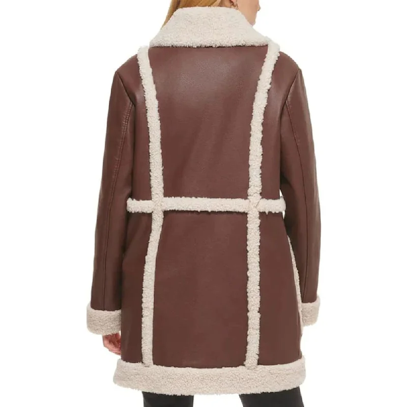 Women Brown RAF Aviator Flight Shearling Long Sherpa Coat