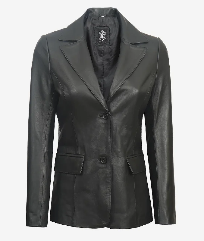 Womens Black Two Button Leather Blazer