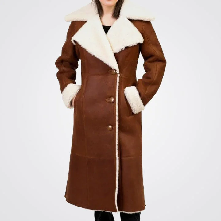 Women's Brown Sheepskin Shearling Leather Trench Coat