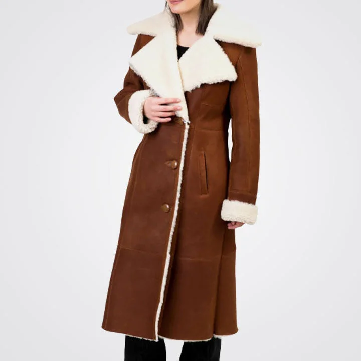 Women's Brown Sheepskin Shearling Leather Trench Coat