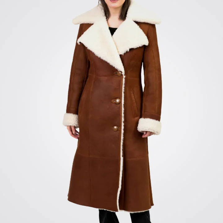 Women's Brown Sheepskin Shearling Leather Trench Coat