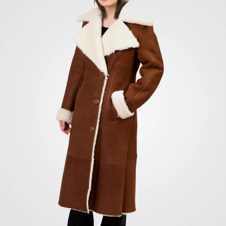 Women's Brown Sheepskin Shearling Leather Trench Coat