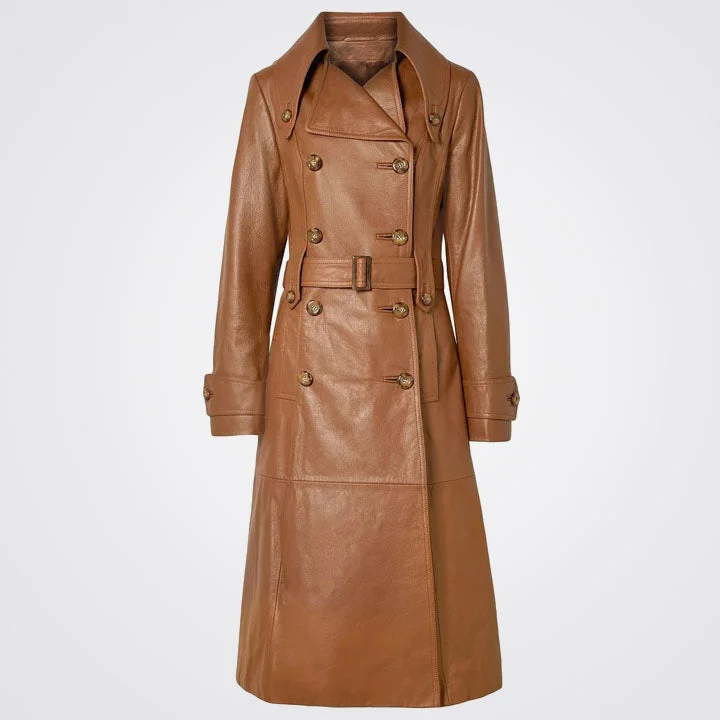 Women's Double Breasted Brown Leather Trench Coat with Notch Collar