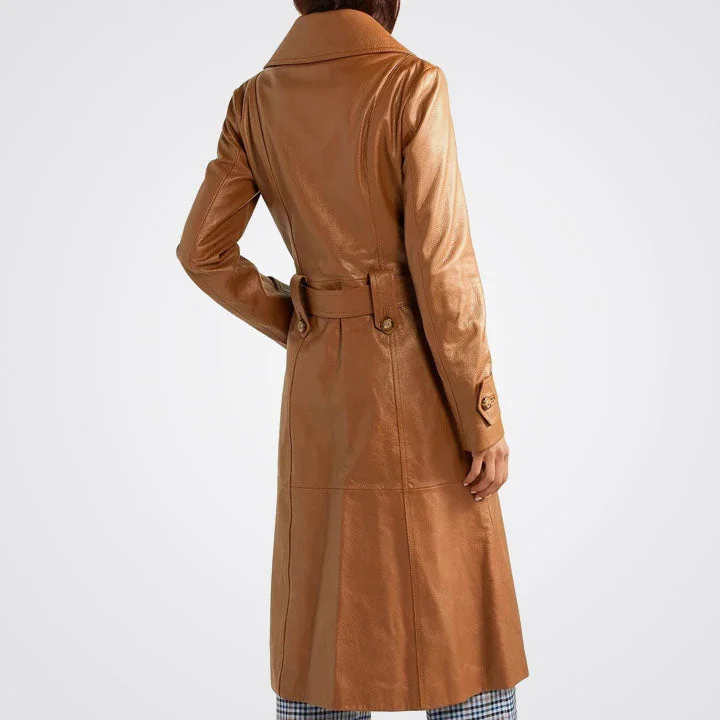 Women's Double Breasted Brown Leather Trench Coat with Notch Collar