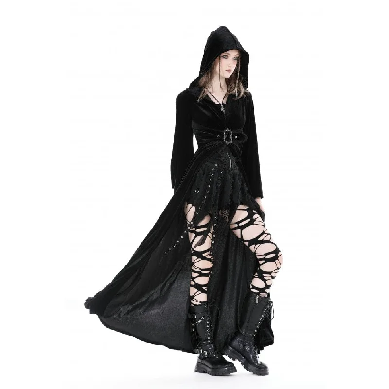 Women's Gothic Flared Sleeved Buckle Velvet Coat with Hood