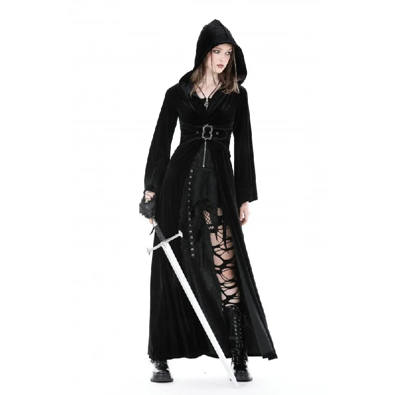 Women's Gothic Flared Sleeved Buckle Velvet Coat with Hood