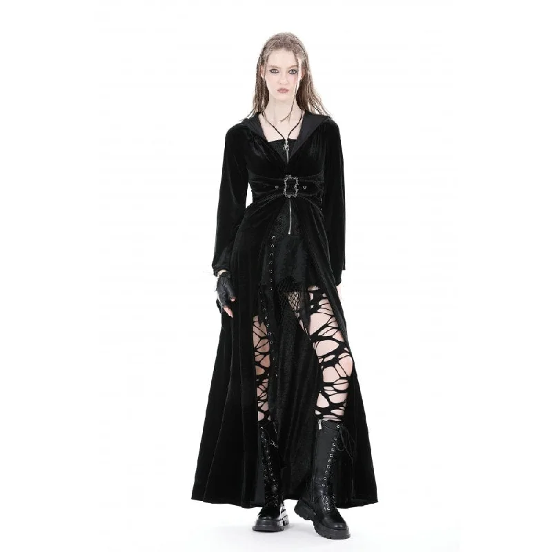 Women's Gothic Flared Sleeved Buckle Velvet Coat with Hood