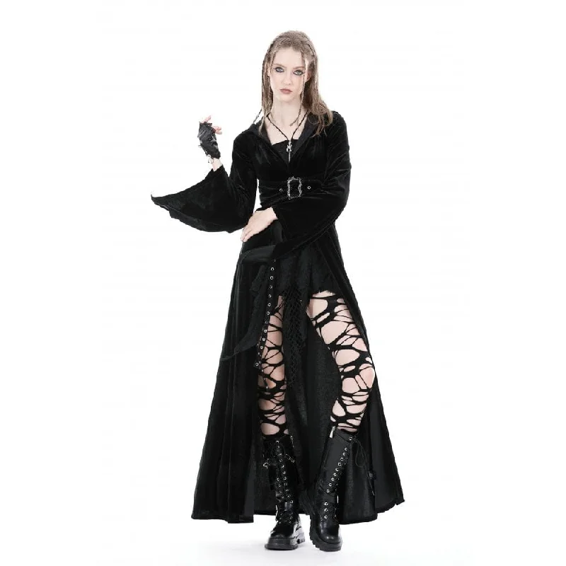 Women's Gothic Flared Sleeved Buckle Velvet Coat with Hood