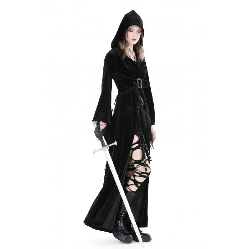 Women's Gothic Flared Sleeved Buckle Velvet Coat with Hood