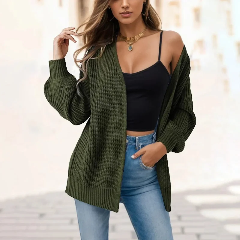 Women's Knitted Long Sleeve Cardigan Autumn Winter Open Front Drape Pockets Sweater Outerwear Elegant Coat