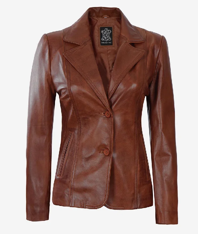 Womens Leather Blazer Jacket  Cognac Coat