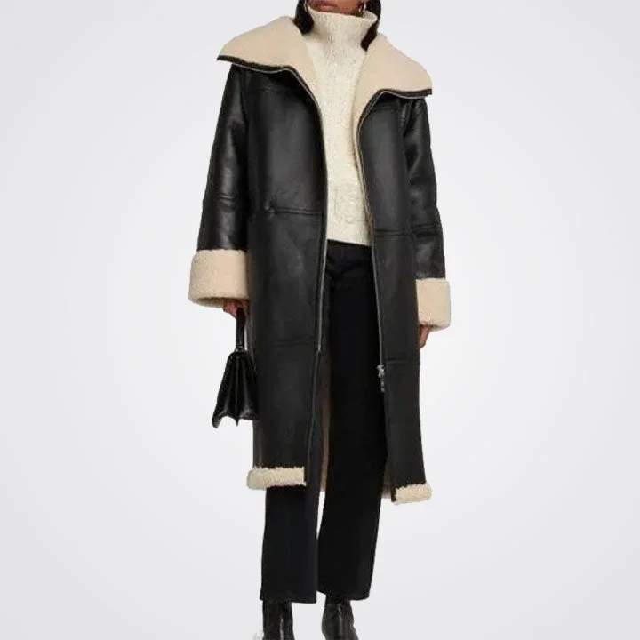 Women's Real Sheepskin Aviator Black Leather Trench Coat