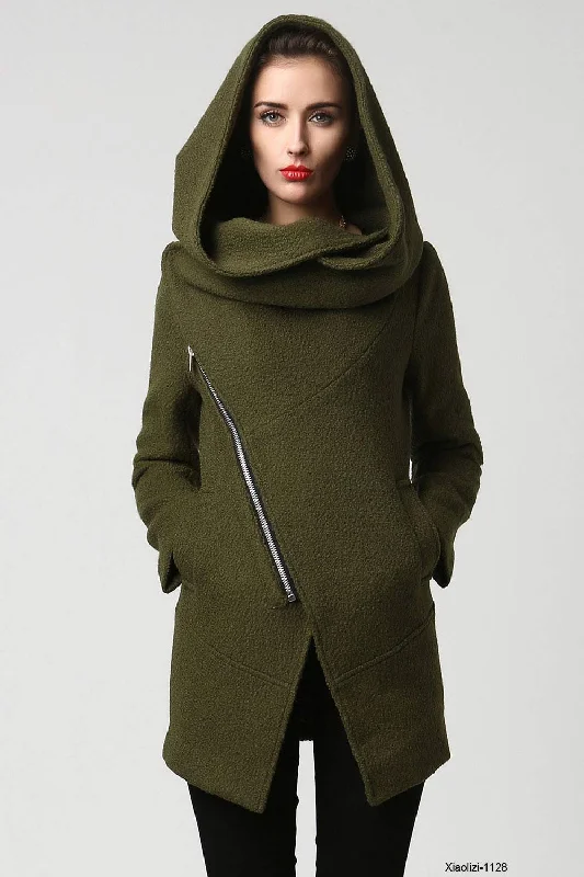 Womens Short Green Wool Coat with Oversized Hood  1128#