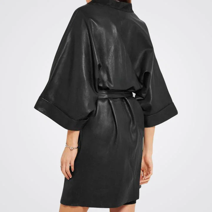 Women's Suede Trimmed Black Leather Coat