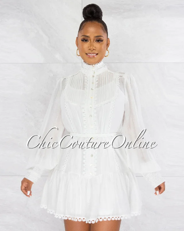 Damita Off-White Scalloped Ruffle Shirt Skater Dress