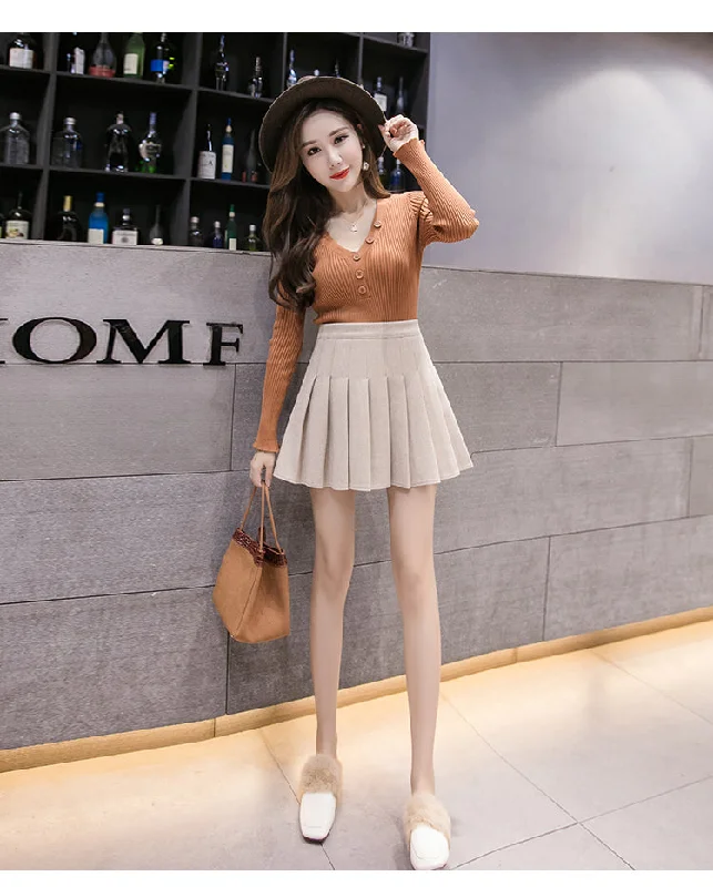 High waist woolen pleated skirt YV40873