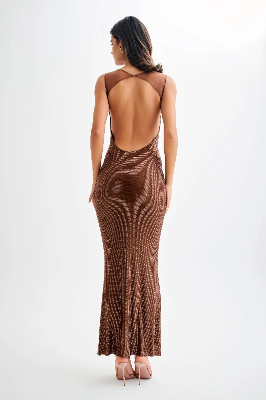 Jasmyn Hot Fix Maxi Dress With Mesh Back - Chocolate