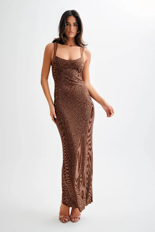 Jasmyn Hot Fix Maxi Dress With Mesh Back - Chocolate